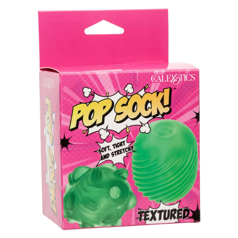 Pop Sock! Textured Green Stroker packaging - soft, tight, and stretchy reversible masturbator for personalized pleasure.