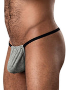 Ribbed and soft stretch G-string for men with elastic sides, made of 90% Polyester and 10% Spandex in grey.