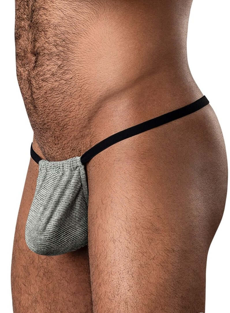 Ribbed and soft stretch G-string for men with elastic sides, made of 90% Polyester and 10% Spandex in grey.