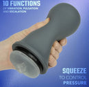Milk Master Grip-N-Stroke Pussy Rechargeable Masturbator featuring 10 functions of vibration, pulsation, and escalation.
