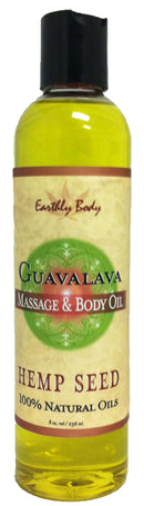 Earthly Body Massage Oil GuavaLava 8 Oz bottle with natural oils for moisturizing and skin conditioning.