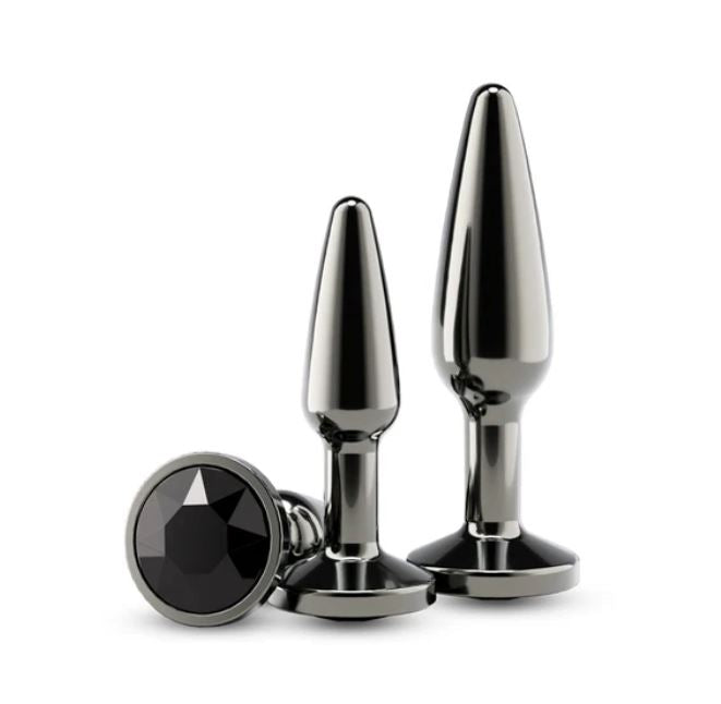 Rear Assets Tapered Trainer Chrome Plated Anal Plugs Kit Gray displayed with sleek chrome finish and gem accents.