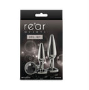 Image of Rear Assets Tapered Trainer Chrome Plated Anal Plugs Kit Gray, a 2-piece set in stylish packaging.
