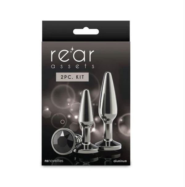 Image of Rear Assets Tapered Trainer Chrome Plated Anal Plugs Kit Gray, a 2-piece set in stylish packaging.