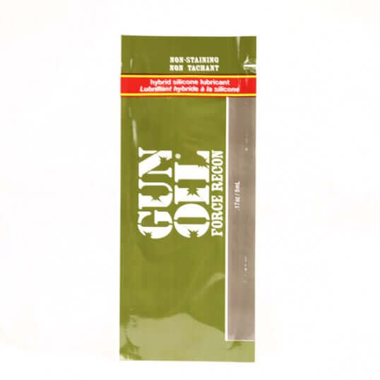 Gun Oil Force Recon Silicone Lubricant 0.17 Oz, non-staining, hypoallergenic hybrid gel for anal and toy play.
