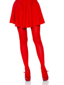 Leg Avenue Ari Nylon Tights One Size Red worn with a red skirt and red heels, showcasing a bold and smooth look.