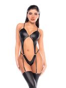 Mapale Wet Look Teddy Bodysuit Black L/XL featuring glossy fabric, adjustable straps, and striking front ring detail.