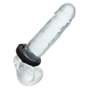 Alpha Liquid Silicone Beaded Optimum Cock Ring Black on a transparent dildo for enhanced pleasure and comfort.