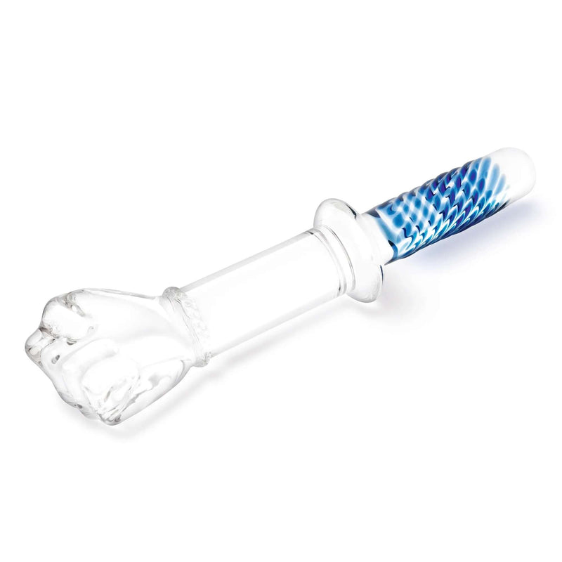 Glass Fist Double Ended Dildo 11 inches with Handle Grip featuring a textured grip and fist-shaped head.