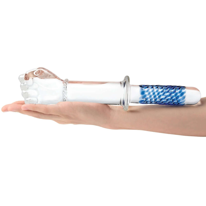 Glass Fist Double Ended Dildo 11 inches with Handle Grip held in hand showcasing its design and features.