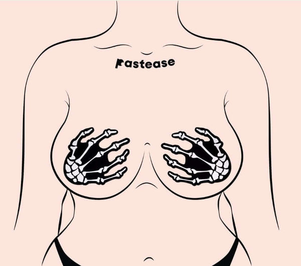 Pastease Skeleton Hands Glow-in-the-Dark Pasties on Female Torso - Fun & Flirty Halloween Accessory
