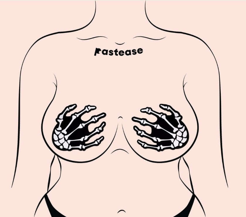 Pastease Skeleton Hands Glow-in-the-Dark Pasties on Female Torso - Fun & Flirty Halloween Accessory
