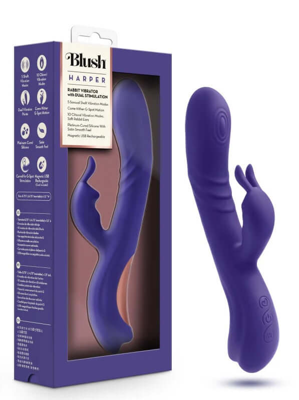 Blush Harper Midnight Rabbit Vibrator with flexible shaft for G-Spot and clitoral stimulation, featuring multiple vibration modes.