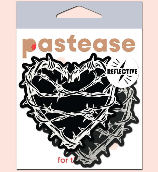 Barbed Wire Heart Pasties Reflective Nipple Covers by Pastease in packaging