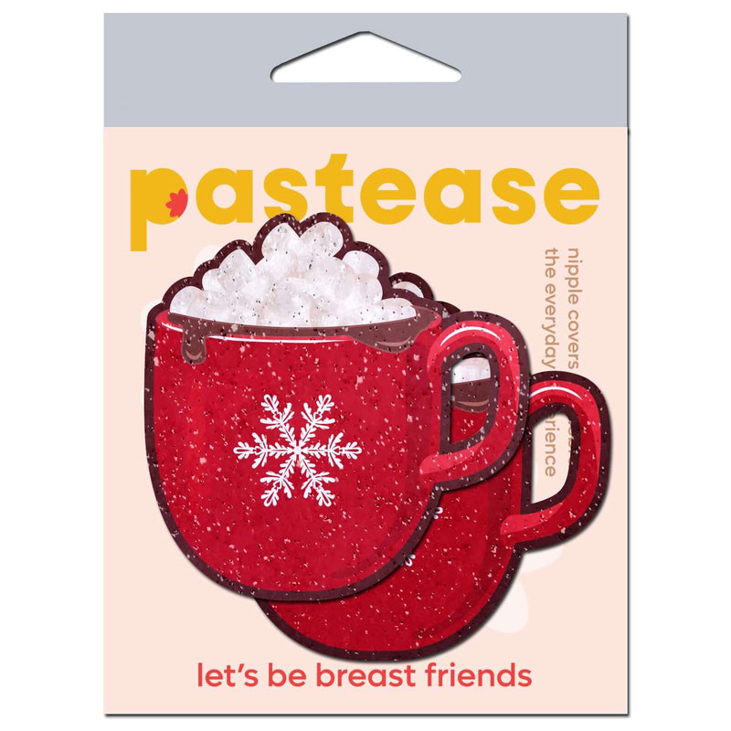 Festive hot cocoa nipple pasties by Pastease in red cup design with snowflake, perfect for holiday parties.