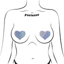 Pastease Hearts Silver Glitter Pasties displayed on a model, featuring shimmering silver glitter and heart shape.