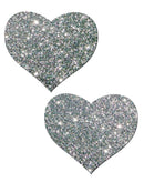 Pastease Hearts Silver Glitter Pasties in shimmering silver glitter heart shapes.