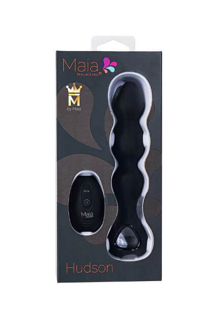 Hudson rechargeable silicone anal plug with remote control in packaging.