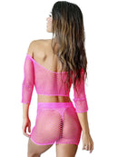 Seduce Sleeve Top and Skirt Lingerie Set in pink, showcasing a back view of a woman wearing a stylish mesh ensemble.