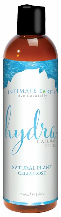 Intimate Earth Hydra Organic Water Based Glide Lubricant 8 oz with natural plant cellulose, moisturizing aloe for intimate pleasure.