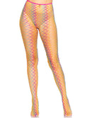 Leg Avenue Ombre Rainbow Woven Net Tights One Size worn by model showcasing vibrant fishnet design.