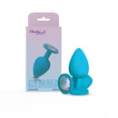 Gemma Clear Iridescent Gem Teal Silicone Anal Plug Large displayed with packaging.
