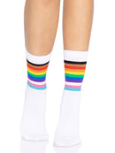 Leg Avenue Pride Crew Socks One Size Rainbow featuring vibrant rainbow stripes against a white background.