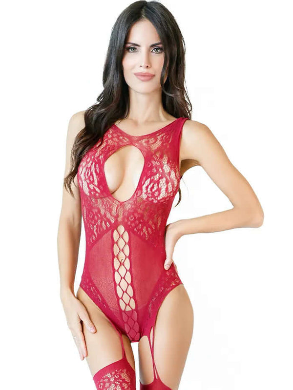 Glam red keyhole bodystocking lingerie featuring lace details and cut-out design, perfect for intimate occasions.