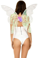 Iridescent Glitter Fairy Wings One Size Multicolor worn by model, featuring transparent wings and floral details.