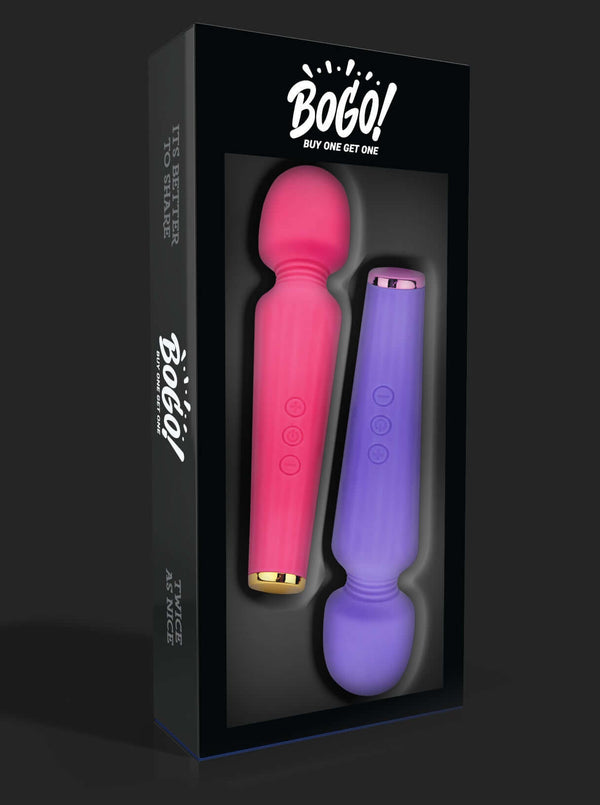 Dual Wand Vibe Duo in pink and purple with 10 vibration modes and flexible necks, perfect for solo or shared pleasure in retail packaging