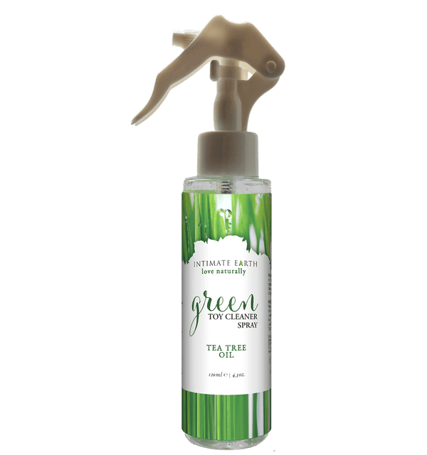 Intimate Earth Green Toy Cleaner Spray with tea tree oil and natural anti-bacterial ingredients, 4.22 oz bottle.