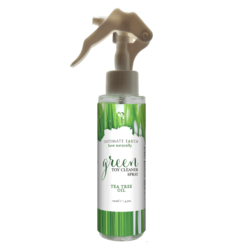 Intimate Earth Green Toy Cleaner Spray with tea tree oil and natural anti-bacterial ingredients, 4.22 oz bottle.