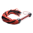 Isabella Sinclaire Black and Red Suede Flogger with soft suede falls and a balanced handle for impact play.