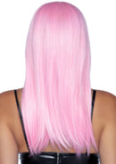 Leg Avenue 24 Inch Long Straight Bang Wig Pink showcasing sleek pastel pink hair from the back.