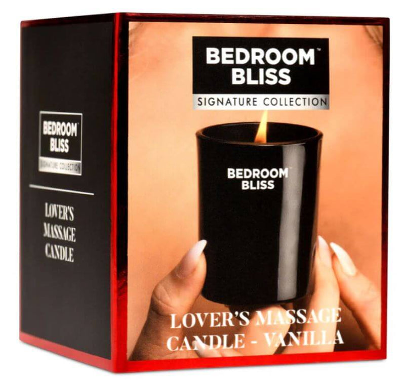 Bedroom Bliss vanilla scented massage candle in black jar, ideal for sensual moments and wax play