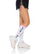 Leg Avenue Lick Me Novelty Knee Socks displayed with playful slogan and ice cream cone accent, paired with casual sneakers.