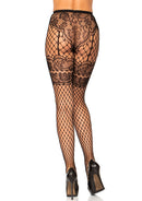 Leg Avenue Lace French Cut Faux Garter Net Tights Black showcasing a patterned back view with high heels.