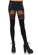 Leg Avenue Opaque Faux Thigh High Pantyhose One Size worn with a black mini skirt and high-heeled lace-up boots.