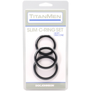 Titanmen Slim C-Ring 3 Piece Silicone Set Black featuring three graduated silicone rings for adjustable fit.