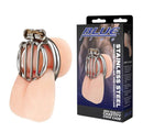 Blueline Stainless Steel Inverted Micro Jail Time Chastity Cage Silver with packaging and model display.