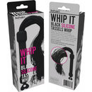 Hott Products Whip It Black Tassel Whip packaging featuring silicone tassels and comfortable handle for sensation play.