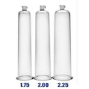 Size Matters Penis Pump Cylinder 2 Inch x 9 Inch Clear displayed with various size options 1.75, 2.00, and 2.25 inches.