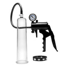 Size Matters Premium Penis Pumping Kit Intermediate with cylinder, pressure gauge, and enhancement ring.