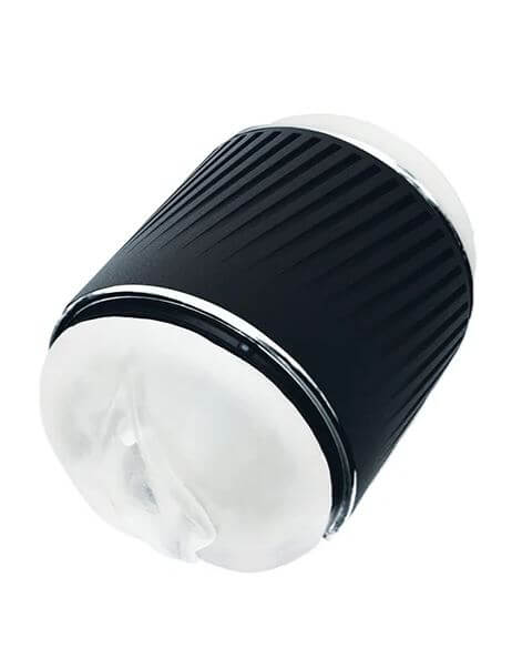 VEDO Jerk Masturbation Sleeve in black with clear case, open-ended stroker for men, compact design for intense pleasure