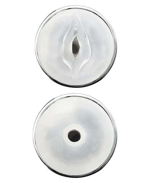 VEDO Jerk Masturbation Sleeve in clear case showing front and back views of open-ended design.