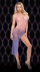 Lapdance Violet Sky Off the Shoulder Mini Dress One Size showcasing fishnet design in ombré pink to violet.