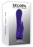 SELOPA Plum Job Petite Rabbit Vibrator packaging showing dual motor and waterproof features.