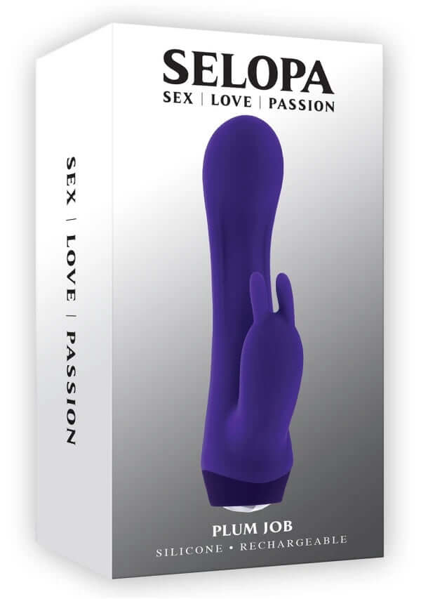 SELOPA Plum Job Petite Rabbit Vibrator packaging showing dual motor and waterproof features.