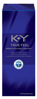 K-Y True Feel Premium Silicone Lubricant 1.5 Oz packaging with details on long-lasting formula and silky feel.