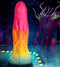 CREATURE COCKS Shape Shifter Alien Silicone Dildo in vibrant rainbow colors with a textured shaft and fantastical background.